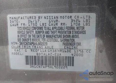 2017 Nissan Versa 1.6 S+ z USA, uszkodzony, nr VIN 3N1CN7AP9HL902229